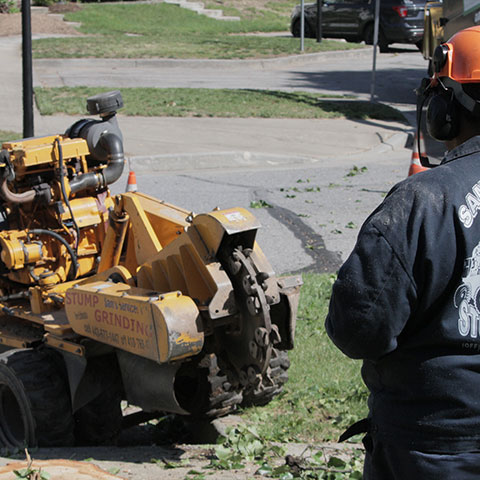Sam's Services owner Sam Crowder looks on to his remote controlled stump grinder as he navigates it down a curb and into a parking lot